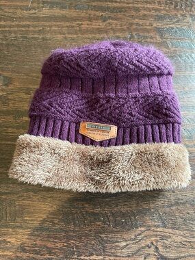 Purple Knit Faux-Fur Cuff Kids Beanie